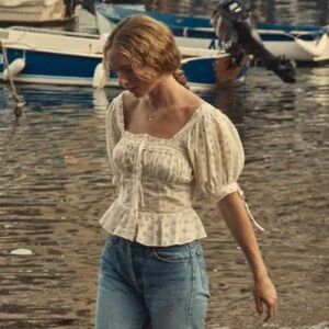 Doen Docia Cotton Eyelet Bustier Tie Short Puff Sleeve Blouse Top Nutmilk